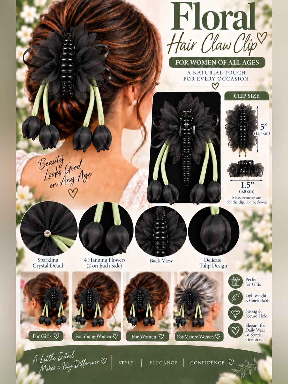 Women’s Floral Hair Claw Clip Ivory Black Flower 4 Hanging Tulips Elegant